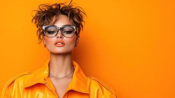 Fashion model with glasses and orange background photo