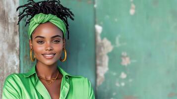 A beautiful young woman with dreadlocks and a green shirt photo