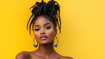 Beautiful african woman with dreadlocks on yellow background photo