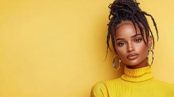 Beautiful african american woman with dreadlocks posing against yellow background photo