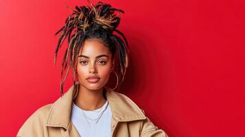 A young woman with dreadlocks and a jacket photo
