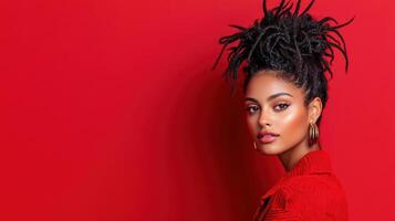 Beautiful african american woman with dreadlocks on red background photo