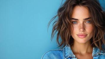 Beautiful woman with freckles on blue background photo