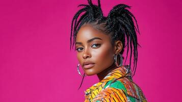 A woman with dreadlocks and a colorful shirt photo
