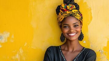 A beautiful african woman wearing a headband and smiling photo