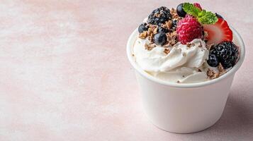 Delicious dessert with whipped cream, berries, and chocolate sprinkles photo