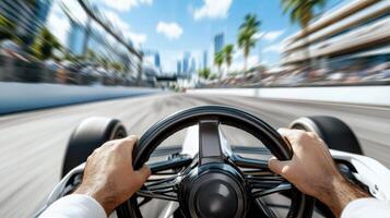 close up of racing wheel with motion blur, capturing speed and excitement photo