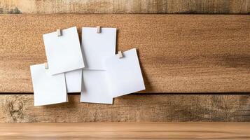 Blank notes pinned to wooden board create rustic and inviting space photo