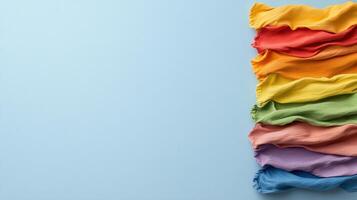 Colorful fabric strips arranged in rainbow pattern on blue background photo