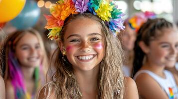 joyful girl with colorful flower crown at vibrant celebration photo