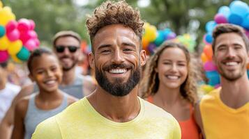 joyful LGBTQ family participating in fun run event with colorful balloons photo