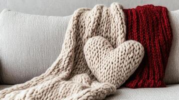 Cozy blanket with heart patterns on soft surface, perfect for warmth photo