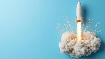 rocket launching with smoke and sparks against blue background photo