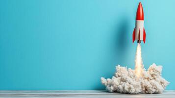 single firework rocket launches against blue background, creating excitement photo