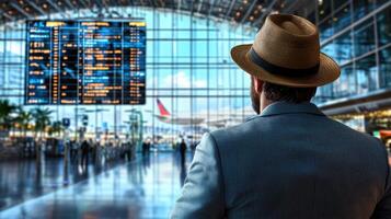 man in hat stands in airport, observing flight information board photo
