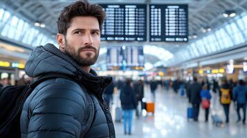 man in crowded airport looks around, observing his surroundings photo