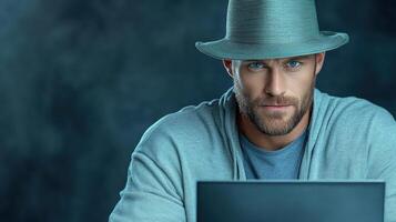 focused man in hat working on laptop in dimly lit room photo