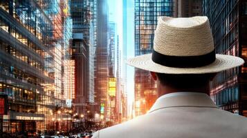 man in white suit and straw hat stands in bustling city, blending in photo