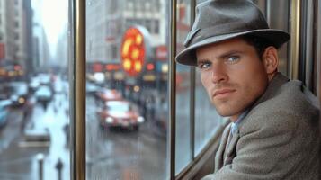 man in gray hat gazes thoughtfully out rainy window in city photo