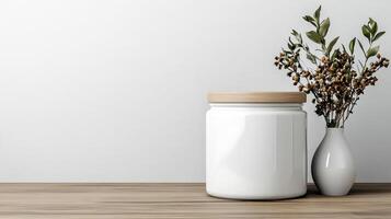 white jar with wooden lid beside vase of dried flowers photo