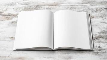 open blank magazine on rustic wooden surface invites creativity photo