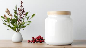 white jar with wooden lid beside vase of greenery and red berries photo
