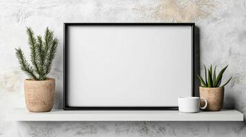 Blank photo frame on white shelf with plants and cup