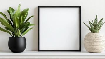 Blank photo frame on white shelf with green plants, creating serene atmosphere