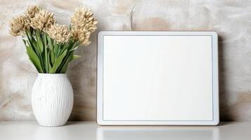 Blank tablet screen on white desk with vase of flowers, perfect for presentations photo
