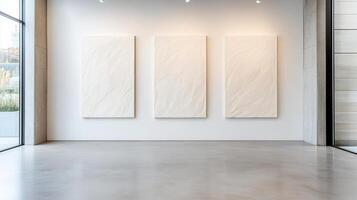 Blank wall art in modern gallery with three textured panels photo