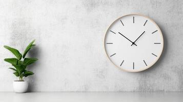 modern wall clock on textured wall with green plant nearby photo