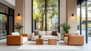Stylish boutique hotel lobby with modern furnishings and greenery photo