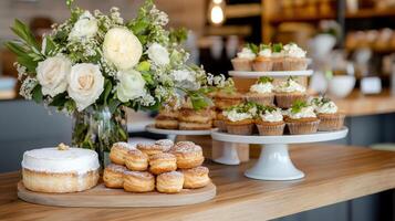 Delightful pastries and fresh flowers in cozy tea shop setting photo