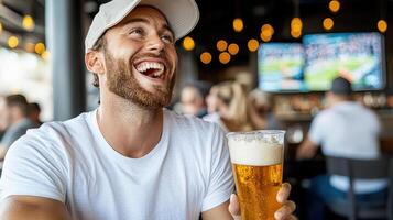 Happy man enjoying beer in lively sports bar with friends photo