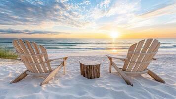 Adirondack chairs on serene beach at sunrise, soft waves lapping gently photo