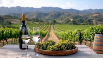 picturesque vineyard scene featuring wine, grapes, and mountains photo