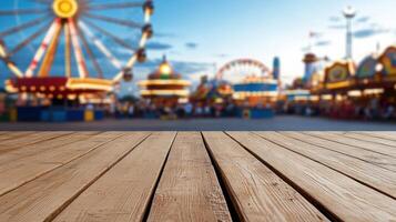 wooden surface in front of vibrant carnival with colorful rides and joyful atmosphere photo