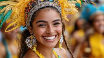 joyful woman in colorful costume with vibrant headdress smiles brightly photo