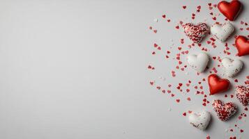 Colorful hearts scattered on white background create festive atmosphere photo