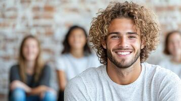 Smiling young man with curly hair in community center setting photo