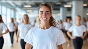 Smiling woman in dance class with others, showcasing joy and movement photo