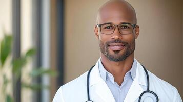 Doctor in white coat smiling confidently in medical office setting photo