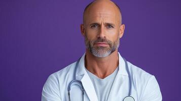 Serious doctor with stethoscope against purple background, conveying professionalism photo