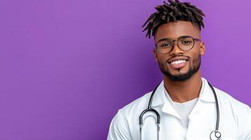 Doctor with stethoscope smiling against purple background, exuding confidence photo