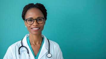 doctor with glasses and stethoscope smiling against teal background photo