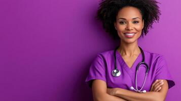 confident doctor in purple scrubs with stethoscope smiles warmly photo