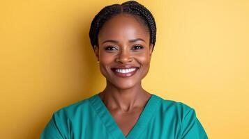 nurse with bright smile wearing scrubs against yellow background photo