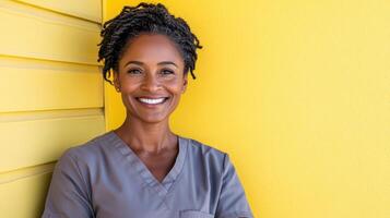 smiling nurse in scrubs stands against bright yellow wall, radiating positivity photo