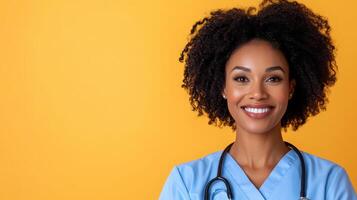 nurse with gentle smile wearing scrubs and stethoscope against yellow background photo