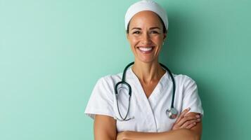 nurse with reassuring smile, wearing scrubs and stethoscope photo